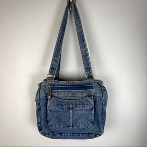 Denim shoulder bag. Personalize w/ pins or patches